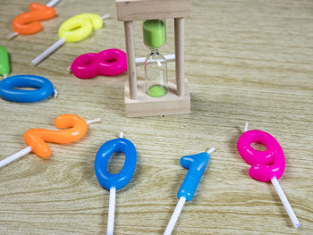 High angle view of toys on table