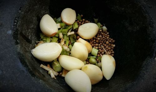 High angle view of eggs in container