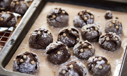 High angle view of chocolate cookies 