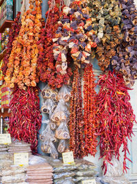 Close-up of multi colored hanging for sale in market