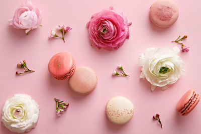 High angle view of pink flowers on table