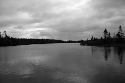 Scenic view of lake against cloudy sky