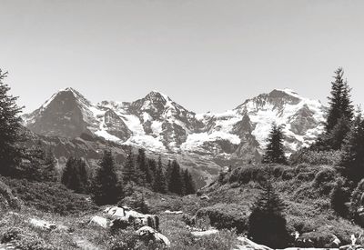 Scenic view of snowcapped mountains against clear sky