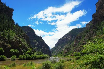 Scenic view of river amidst valley against sky