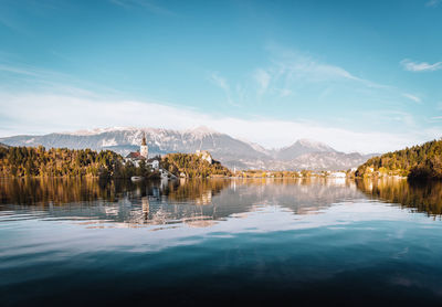 Scenic view of lake by mountains against sky