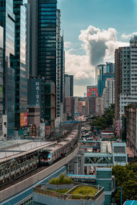 High angle view of buildings in city against sky in kwun tong mtr station