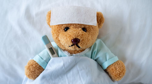 High angle view of teddy bear with thermometer on bed