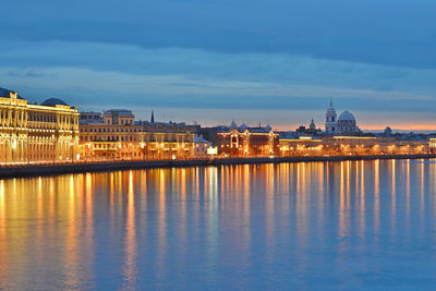 River with buildings in background at sunset