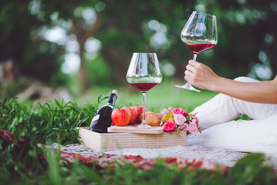 Midsection of woman having wine while sitting on field at park