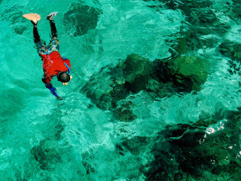 High angle view of man snorkeling in sea