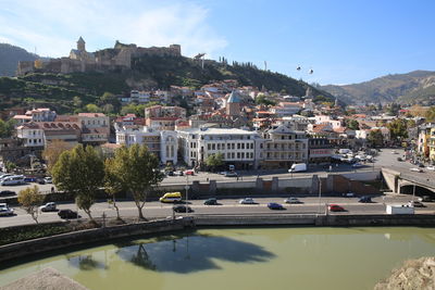 High angle view of buildings in town against sky