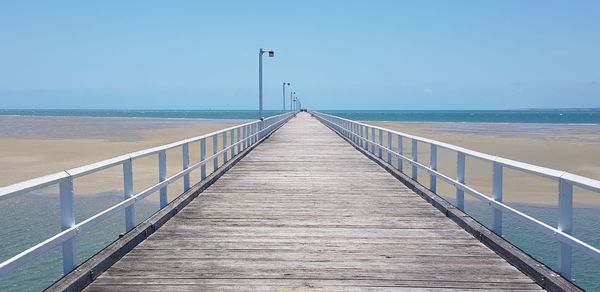 Boardwalk leading towards sea against clear sky