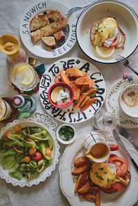 High angle view of food served on table