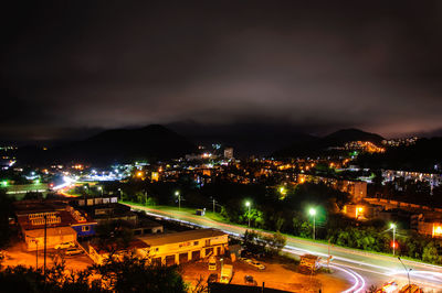 High angle view of illuminated city at night