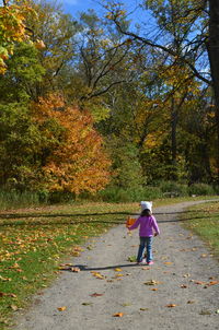 Rear view of boy walking on road amidst autumn trees