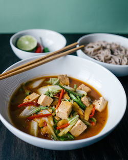 Close-up of food served in bowls on table