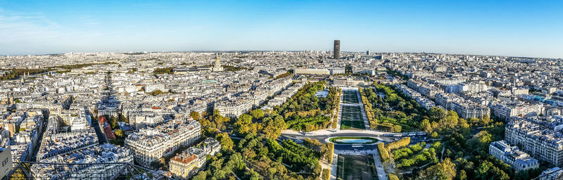 High angle view of city buildings against sky