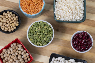 High angle view of food in bowls on table