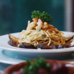 Close-up of noodles in plate