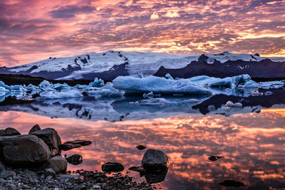 Scenic view of frozen lake against cloudy sky during sunset