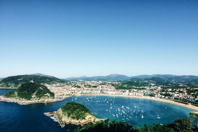 High angle view of bay against clear blue sky