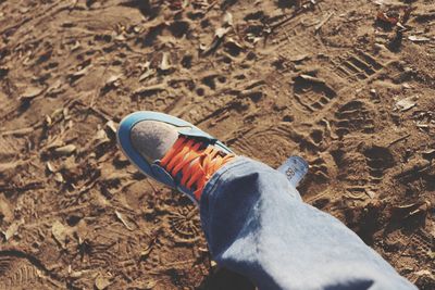 Low section of man wearing shoes on field