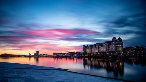 View of buildings at waterfront during sunset