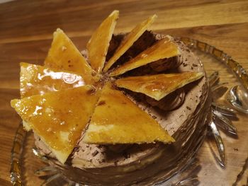High angle view of dessert in plate on table