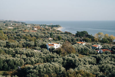 High angle view of trees and buildings by sea against sky