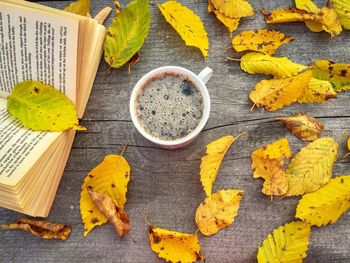 Directly above shot of coffee and book with autumn leaves on wooden table