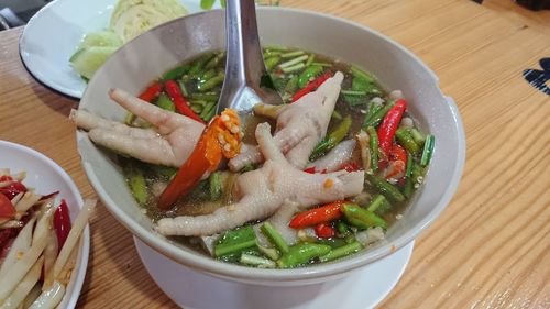 High angle view of salad in bowl on table