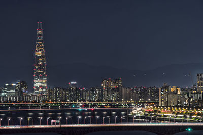 Illuminated city buildings at night