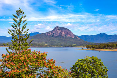 Scenic view of lake and mountains against sky