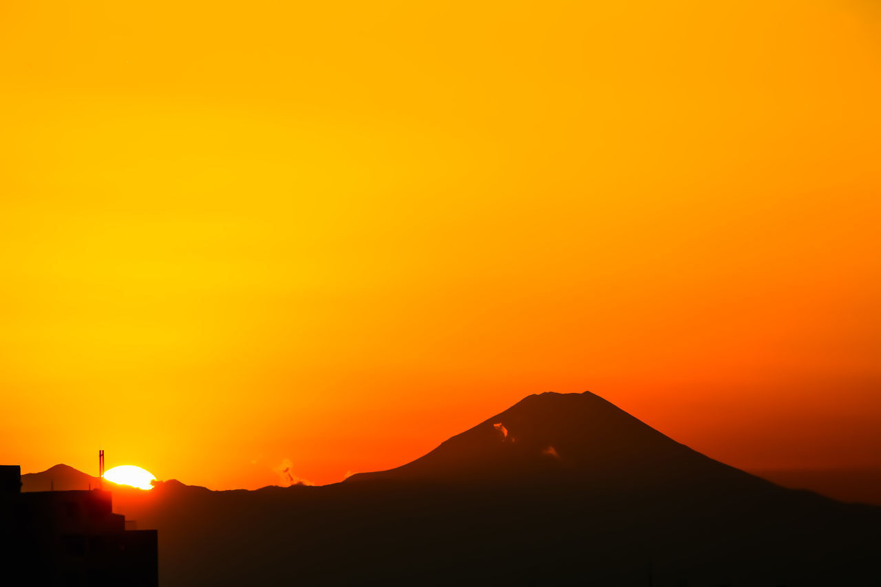 SCENIC VIEW OF SILHOUETTE MOUNTAINS AGAINST ROMANTIC SKY