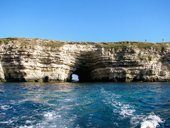 Scenic view of sea against clear blue sky