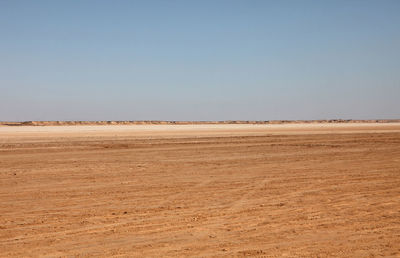 Scenic view of sandy beach against clear sky