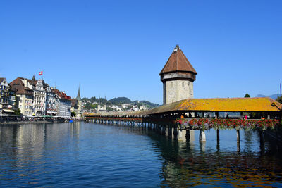 River amidst buildings against clear blue sky