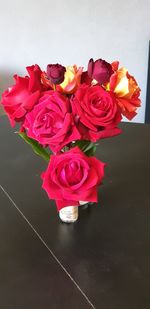 High angle view of rose bouquet on table