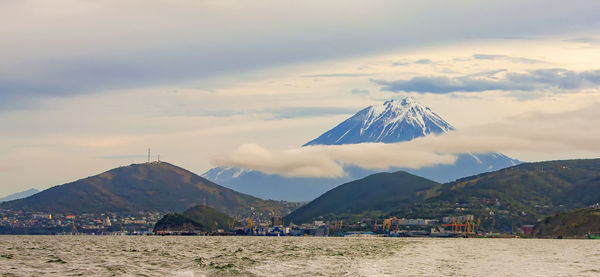 The panoramic view of the city petropavlovsk-kamchatsky and koryaksky volcano