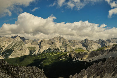 Scenic view of mountains against cloudy sky