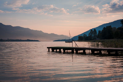 Scenic view of lake against sky during sunset