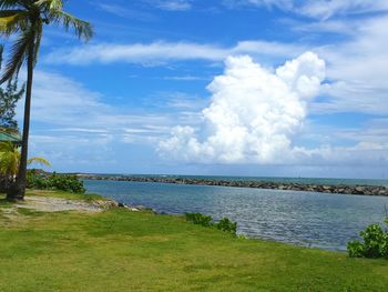 Scenic view of sea against cloudy sky