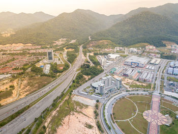 High angle view of road amidst buildings in city