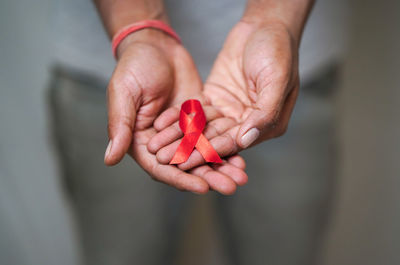 Cropped hand of woman holding red flower