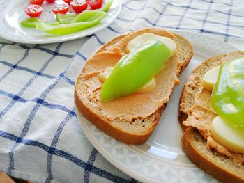 High angle view of breakfast served on table