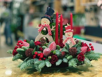 Close-up of christmas decorations on table