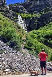 Rear view of man and dog standing in front of waterfall