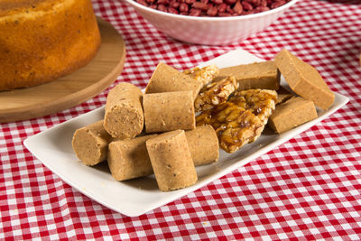 High angle view of cake in plate on table