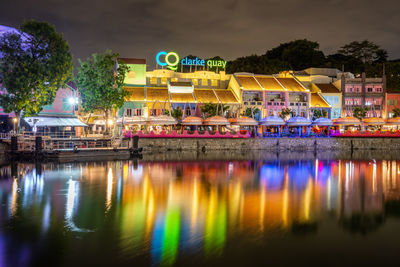 Reflection of illuminated buildings in river at night