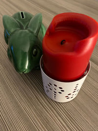 High angle view of red toy on table